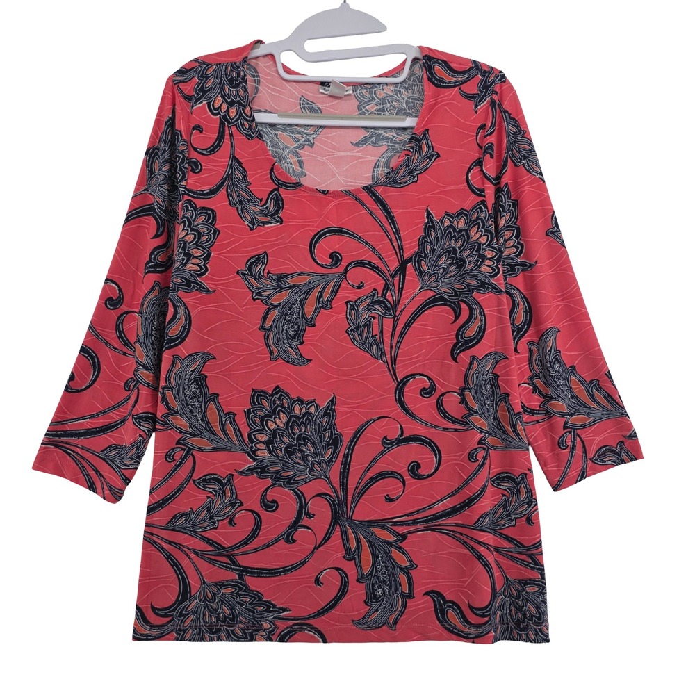 Croft & Barrow Paisley Floral 3/4 Sleeve Scoop Neck Pink Black Top Womens Medium